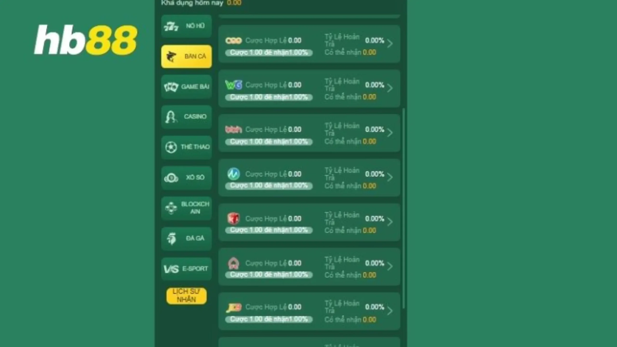 Các mức hoàn trả đa dạng tại HB88