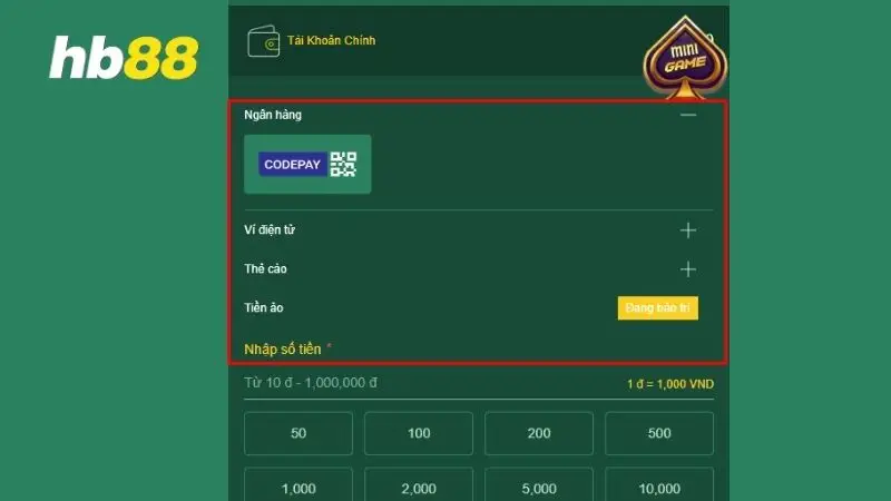 Chọn cách nạp tiền HB88